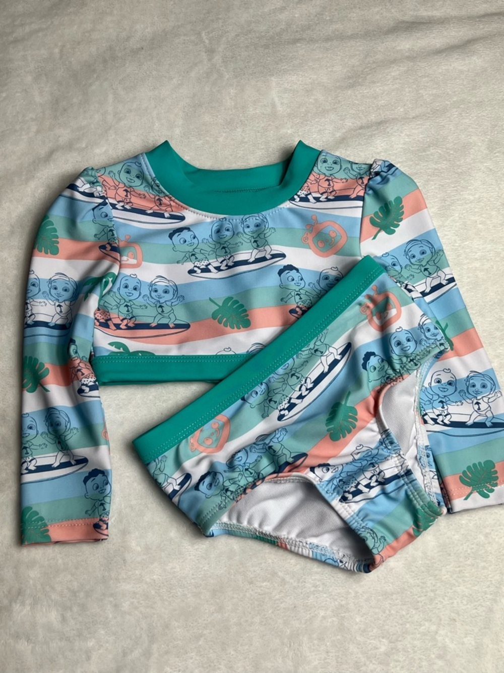 Cocomelon Girls Baby Size 12M Blue Green Coco Melon Surf Beach Long Sleeve Swim